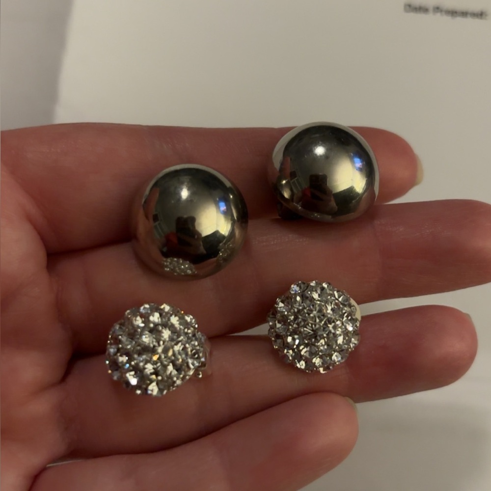 Marvella Signed Silver Gold Rhinestone Vintage 3 Clip-On Earrings